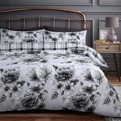 Velosso Monochrome Floral Printed Cotton Blend Duvet Cover & Pillowcase Set, Button Enclosure, Machine Washable - Grey