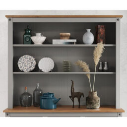 Mercers Furniture Corona Grey Wax Large Dresser Top Buffet 2 Shelf Open Storage Solid Wood Mexican Pine Wooden Display Unit