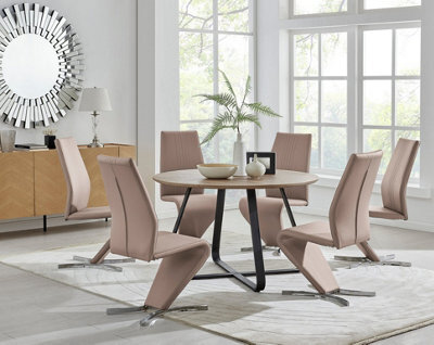 Furniturebox Uk Santorini Brown Wood Effect Round Dining Table & 6 Cappuccino Willow Chairs - image 1