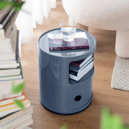 Grey - 2Tiers Cylindrical Round Storage Cabinet Cupboard Shelf Side End Table Shelf - thumbnail 4