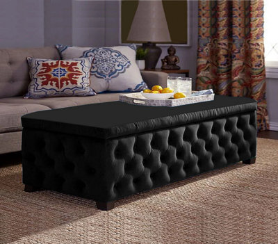 100Cm Empire Ottoman Storage Box - Black Plush Velvet Chesterfield Upholstered Coffee Table