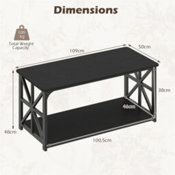 2 Tier Coffee Table Industrial Style 15mm Mdf Top Steel Frame Storage Black - thumbnail 2
