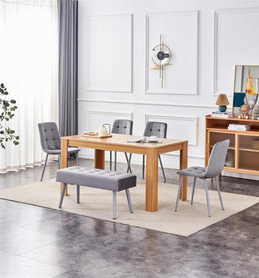 Kosy Koala Oak Effect Dining Table Set With 4 Grey Velvet Chairs And Grey Velvet Bench Dining Room Furniture - image 1