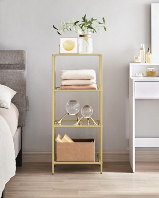 4-Tier Glass Shelf, Bookshelf, Storage Rack, Tempered Glass, For Bathroom, Living Room, Bedroom, Office, Metallic Gold - image 1