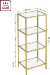 Songmics 4-Tier Glass Shelf, Bookshelf, Storage Rack, Tempered Glass, For Bathroom, Living Room, Bedroom, Office, Metallic Gold - thumbnail 2