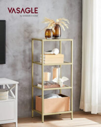 Songmics 4-Tier Glass Shelf, Bookshelf, Storage Rack, Tempered Glass, For Bathroom, Living Room, Bedroom, Office, Metallic Gold - thumbnail 3