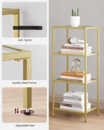 Songmics 4-Tier Glass Shelf, Bookshelf, Storage Rack, Tempered Glass, For Bathroom, Living Room, Bedroom, Office, Metallic Gold - thumbnail 6