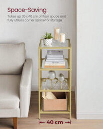 Songmics 4-Tier Glass Shelf, Bookshelf, Storage Rack, Tempered Glass, For Bathroom, Living Room, Bedroom, Office, Metallic Gold - thumbnail 4