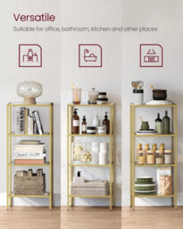 Songmics 4-Tier Glass Shelf, Bookshelf, Storage Rack, Tempered Glass, For Bathroom, Living Room, Bedroom, Office, Metallic Gold - thumbnail 5