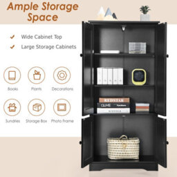 Costway 123 Cm Bathroom Floor Cabinet Wooden Storage Organizer W/ Adjustable Shelf-Black - thumbnail 7