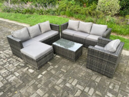 Fimous 8 Seater Rattan Garden Furniture Set Indoor Outdoor Patio Sofa Set With Oblong Coffee Table Armchair Big Footstool - thumbnail 2