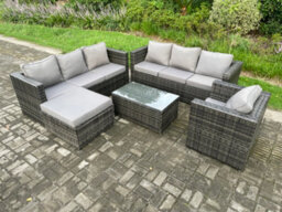 Fimous 8 Seater Rattan Garden Furniture Set Indoor Outdoor Patio Sofa Set With Oblong Coffee Table Armchair Big Footstool - thumbnail 1