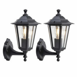 Set Of 2 Modern Outdoor Porch Wall Lights Black Glass Ip44 Six Sided Lanterns - thumbnail 1