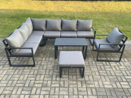 Fimous Aluminium Garden Furniture Set Outdoor Indoor Lounge Corner Sofa Chair Coffee Table Sets With Big Footstool Dark Grey - thumbnail 2
