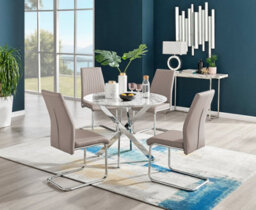 Furniturebox Novara White Marble Effect 100Cm Round Dining Table With Chrome Starburst Legs & 4 Beige Faux Leather Lorenzo Chairs