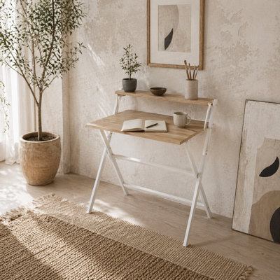 Wyld Haus Mane 81.5Cm Wooden Folding Desk With Raised Monitor Shelf - Natural Wood Finish, White Frame - image 1