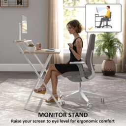 Wyld Haus Mane 81.5Cm Wooden Folding Desk With Raised Monitor Shelf - Natural Wood Finish, White Frame - thumbnail 5