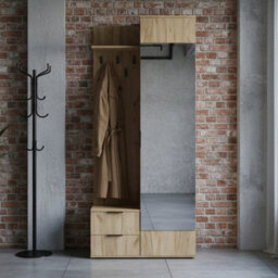 Coral Compact Hallway Wardrobe In Golden Oak With Mirror Coat Hooks And Storage Cabinet - thumbnail 3