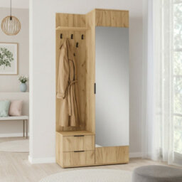Coral Compact Hallway Wardrobe In Golden Oak With Mirror Coat Hooks And Storage Cabinet