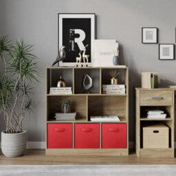 Urbn-Living Urbnliving Asymmetrical 8 Cube Oak Bookcase Storage Unit With 3 Fabric Drawer Inserts- Red - thumbnail 2