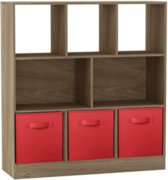 Urbn-Living Urbnliving Asymmetrical 8 Cube Oak Bookcase Storage Unit With 3 Fabric Drawer Inserts- Red - thumbnail 1