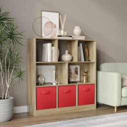 Urbn-Living Urbnliving Asymmetrical 8 Cube Oak Bookcase Storage Unit With 3 Fabric Drawer Inserts- Red - thumbnail 4