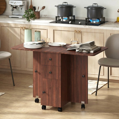Brown Folding Dining Table With Drop Leaf For 4-6 Rolling Kitchen Table - image 1