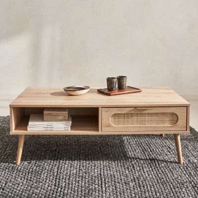 Sweeek - Wood And Rounded Cane Rattan Coffee Table Eva Natural 110X59X39 Cm - image 1