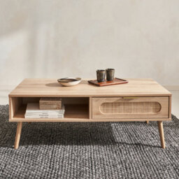 Sweeek - Wood And Rounded Cane Rattan Coffee Table Eva Natural 110X59X39 Cm