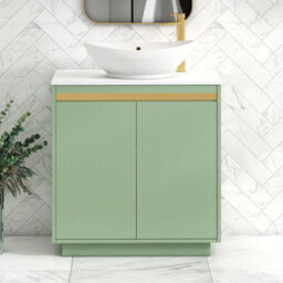 Royal Bathrooms Orion 800mm Mint Sage Floor Standing Plain White Countertop Vanity Unit 2 Door With Amaze Basin & Brushed Brass Accent Trim - thumbnail 2