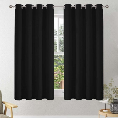 Oxford Homeware Plain Black 230Gsm Blackout Curtain Thermal Insulated Eyelet For Window Curtain Pair (W)168Cm X (L)137Cm - image 1