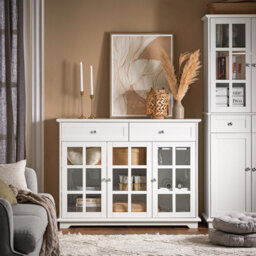 Sobuy Fsb77-W, Sideboard With 2 Drawers And 3 Glass Doors Storage Cabinet Cupboard Sideboard,white,w119Xd40Xh90 - thumbnail 2