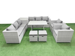 Fimous 10 Seater Garden Furniture Set Pe Ratten Garden Sofa Set With Rectangular Dining Table 2 Small Stool Side Table Light Grey - thumbnail 1
