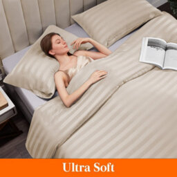 Ameha Stripe Duvet Set With Pillowcase Reversible Bedding & Soft Microfiber Cover Beige Double Size 200X200Cm - thumbnail 7