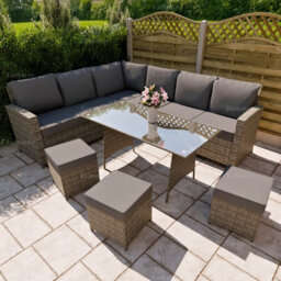 9 Seat Outdoor Rattan Corner Dining Set With L-Shaped Sofa, Ottomans & Table, Largely Pre-Assembled - Inc. 100mm Thick Cushions