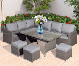 9 Seat Outdoor Rattan Corner Dining Set With L-Shaped Sofa, Ottomans & Table, Largely Pre-Assembled - Inc. 100mm Thick Cushions - thumbnail 5