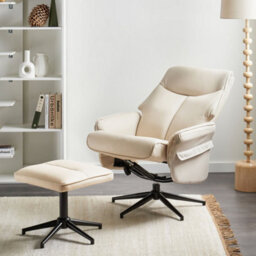 Wyld And Coco Beige Retro Recliner Armchair With Matching Footstool, Swivel And Recline - Vegan Eco Leather - thumbnail 2