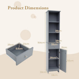 164 Cm Tall Bathroom Organizer W/ Adjustable Shelves & Drawer Grey - thumbnail 2