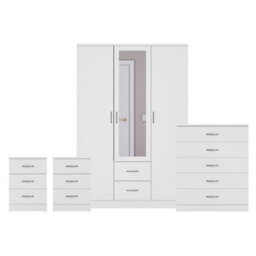 Lassic Vida Designs Riano 4 Piece Bedroom Set (3 Drawer Bedside Chest, 5 Drawer Chest, 3 Door 2 Drawer Mirrored Wardrobe), White - thumbnail 8