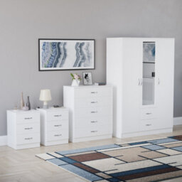 Lassic Vida Designs Riano 4 Piece Bedroom Set (3 Drawer Bedside Chest, 5 Drawer Chest, 3 Door 2 Drawer Mirrored Wardrobe), White - thumbnail 6