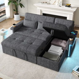 Matteo Grey L-Shaped Corner Sofa Bed With Pull-Out Sleeping Function, Led Lights, Usb Ports & Storage For Living Room - thumbnail 4