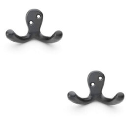 Loops 2 Pack - Solid Brass Victorian Double Robe Coat Hook - Wall Mounted Holder Matt Black