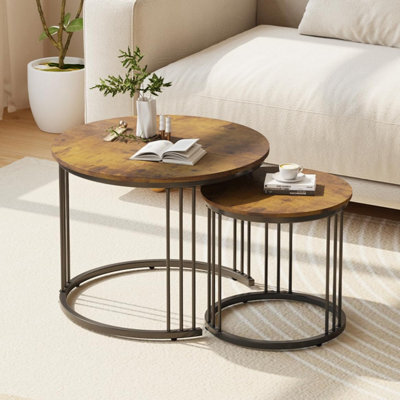 Huhote Rustic Round Nesting Coffee Tables 2 Set With Metal Frame 23.6/15.7 In Brown End Table Side Table For Home Balcony Office - image 1