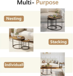Huhote Rustic Round Nesting Coffee Tables 2 Set With Metal Frame 23.6/15.7 In Brown End Table Side Table For Home Balcony Office - thumbnail 5
