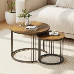 Huhote Rustic Round Nesting Coffee Tables 2 Set With Metal Frame 23.6/15.7 In Brown End Table Side Table For Home Balcony Office