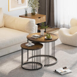 Huhote Rustic Round Nesting Coffee Tables 2 Set With Metal Frame 23.6/15.7 In Brown End Table Side Table For Home Balcony Office - thumbnail 2