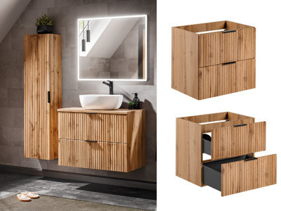 Impact Furniture Wall Hung Vanity Unit 600mm Oak Effect Vanity Unit With Drawers Ribbed Fluted Floating Bathroom Cabinet Adel - image 1
