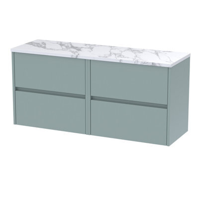 Nuie Havana Wall Hung 4-Drawer Vanity Unit & Worktop In Sparkling Black, Countertop Basin Unit In Coastal Grey, 1200mm