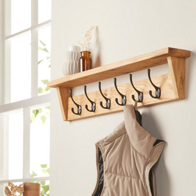 Off The Grain Wooden Coat Rack With Storage Shelf -  Solid Oak Hanger - 6 Hooks - image 1