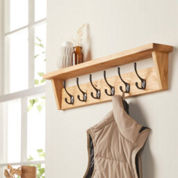 Off The Grain Wooden Coat Rack With Storage Shelf -  Solid Oak Hanger - 6 Hooks - thumbnail 1